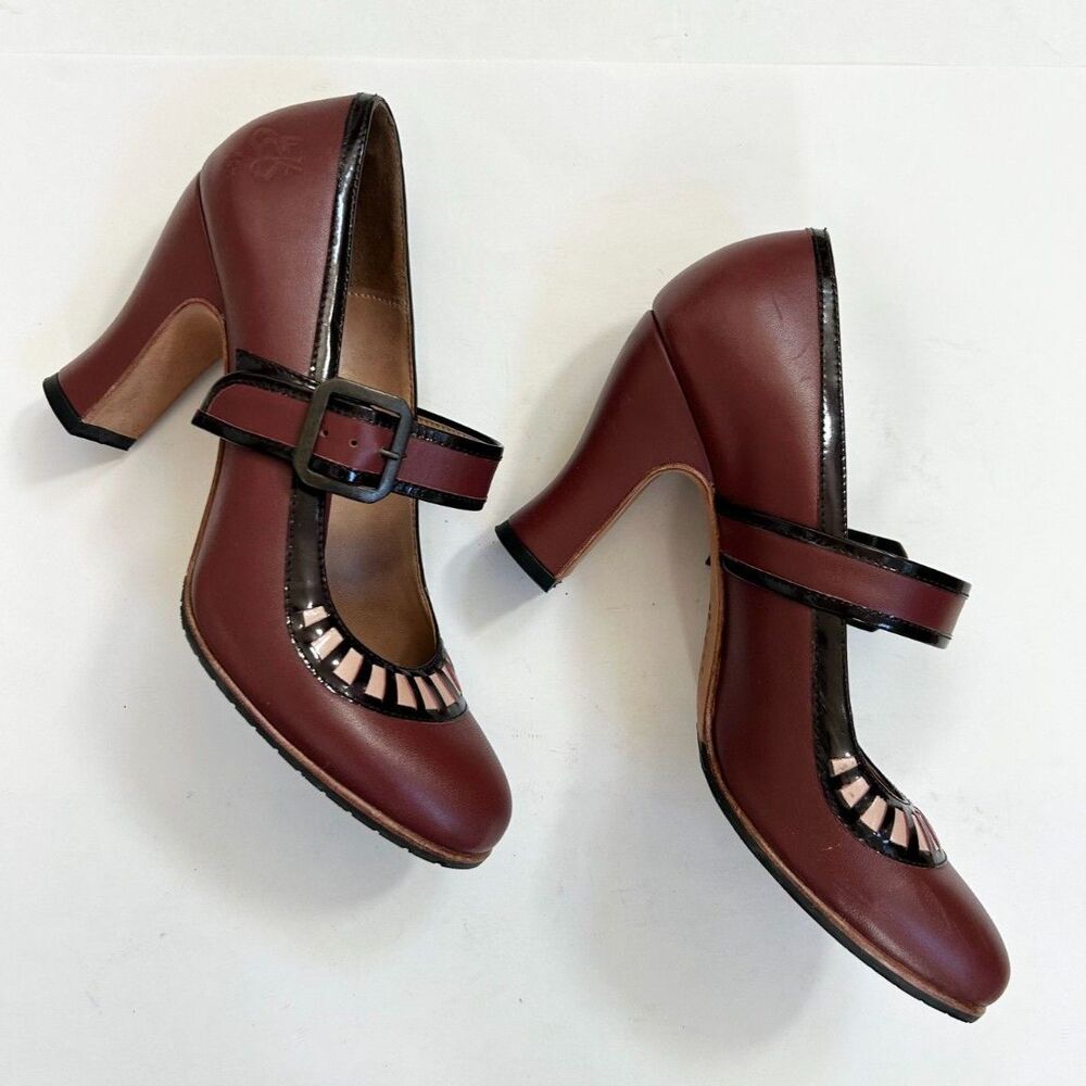 John Fluevog Resurrection Burgundy & Pink Leather Round Toe Mary Jane Pumps